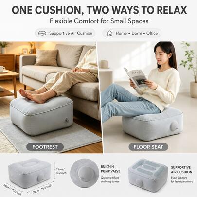 1pc New Inflatable Footrest, Portable Leg Support Pillow, Economy Class Footrest, Suitable For Home Office Desk, Outdoor And Car Use, Built-In Air Pump, Soft Flocked Portable Footstool, Suitable For Sofa, Home, Office, Dorm And Travel.