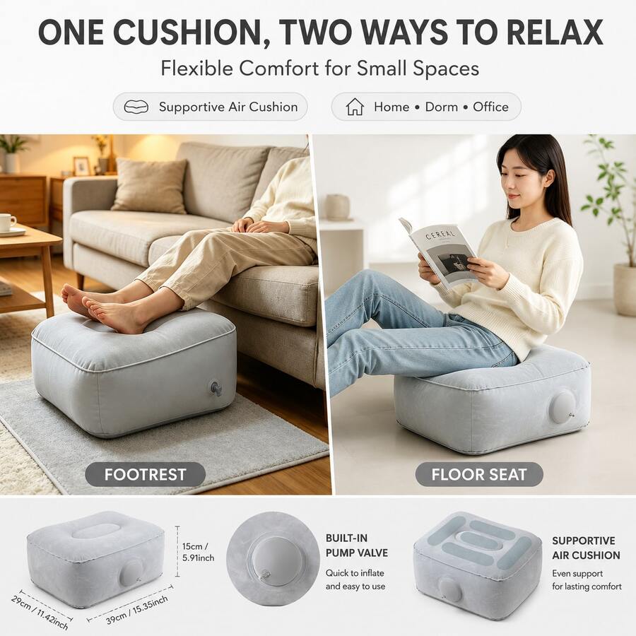 1pc New Inflatable Footrest, Portable Leg Support Pillow, Economy Class Footrest, Suitable For Home Office Desk, Outdoor And Car Use, Built-In Air Pump, Soft Flocked Portable Footstool, Suitable For Sofa, Home, Office, Dorm And Travel. - Multicolor - View 1