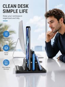Vertical Laptop Stand, Adjustable Desktop Laptop Base And Storage Rack, Space-Saving Multi-Device Storage, Suitable For Laptops, Tablets, Phones, Compatible With Air Pro Surface Hp Chromebook And Gaming Laptops Up To 17.3 Inches, Black - View 7