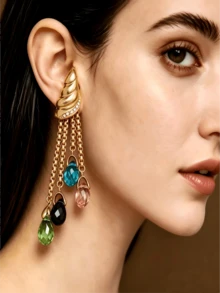 Un par de pendientes de cadena larga multicapa con cristales de vidrio multicolor de estilo vacacional con un diseño ecléctico, perfecto para fiestas, un regalo para mujeres - vistoso - Ver 3