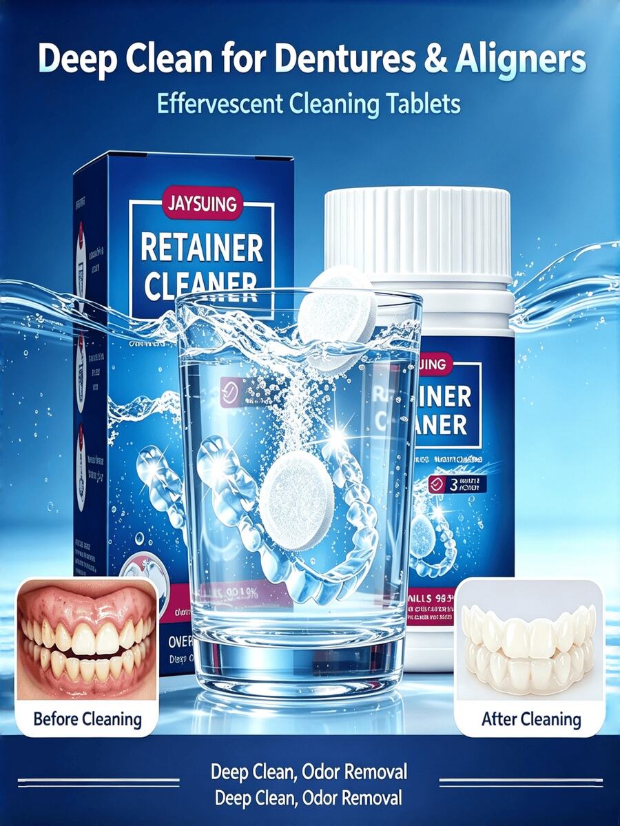 JAYSUING Denture Cleaning Tablets Effervescent, Suitable For Dentures, Retainers, Clear Aligners, Mouthguards, Removes Stains And Odors, Fresh Mint, Perfect Gift For Family, Friends, Parents, Elderly On Holidays, Home Essential - Multicolor - View 1
