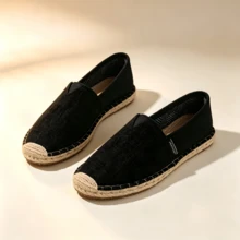 Summer Breathable Straw Woven Casual Shoes Solid Color Basic Fabric Woven Loafers For Outdoor Home Beach - Black - View 12