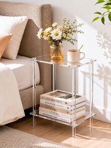 Small Acrylic Coffee Table, 2-Tier Transparent Side Table, Narrow Transparent Bedside Cabinet With Open Storage, Modern Minimalist Sofa Side Table, Suitable For Bedroom, Living Room, Apartment, Dorm, Office, Desktop Display, Home Decor, Multi-Functional Side Table - Transparent - View 2