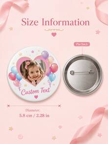 1 pieza Insignia redonda personalizada con foto y texto, botón de cumpleaños personalizado con marco de corazón, globos y estrellas, alfiler de metal para bolsos, mochilas, ropa - Multicolor - Ver 5