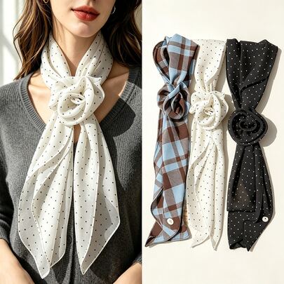 Rose Flower Silk Scarf, Plaid & Polka Dot Chiffon Fabric, Lightweight & Breathable, Built-In Button Fixation To Prevent Slipping, Long Ribbon With Multiple Wearing Styles; Suitable For Hair Tie, Neck Tie, Bag Decoration, Gentle Vintage Atmosphere, Fits Daily Commute, Date, Outing, Workplace Outfit, Korean Soft Style, Versatile Exquisite Hair Accessory, Perfect For Gift Or Personal Use, Early Autumn Outfit Accessory