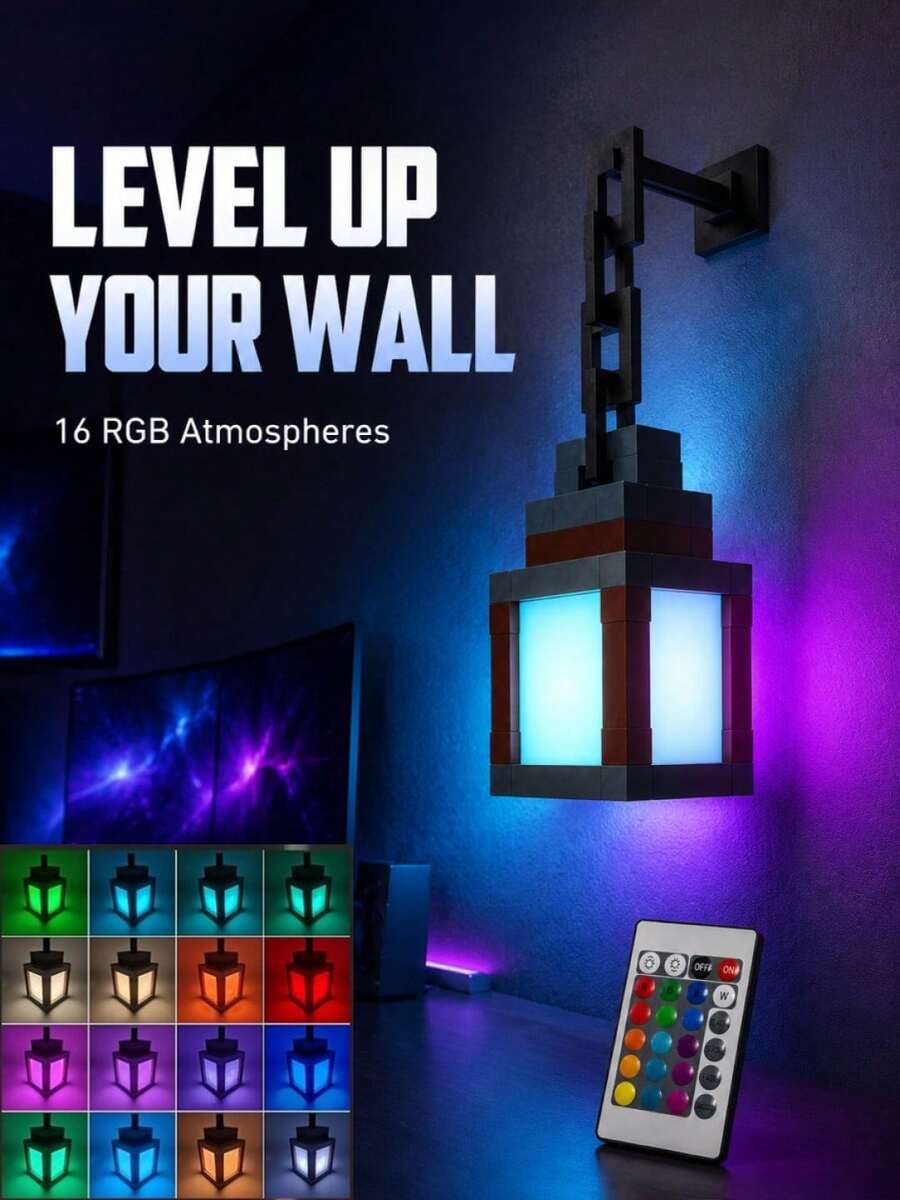 Pixel Lantern Night Light - 16 Color LED Wall Atmosphere Night Light With Remote Control - Rechargeable Night Light With Built-In 500mAh Battery, Desktop Lamp, Costume Cosplay Bedside Lamp For Room Decoration