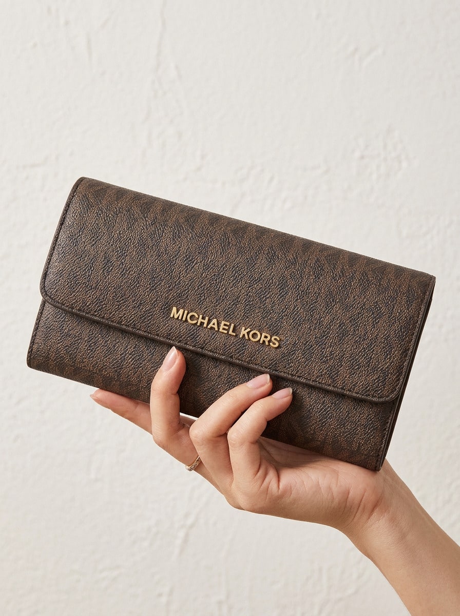 Michael Kors Jet Set Travel Large Trifold Wallet For Women Signature Brown PVC Saffiano Leather Clutch Purses 17 Card Slots ID Window 35F8GTVF3B 192877938545 - Brown - View 1