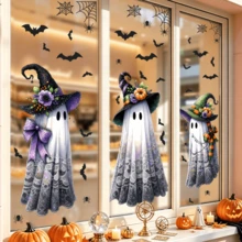 1/3pcs Halloween Ghost Window Clings, Creativity Ghost Wear Witch Hat With Bat Double-Sided Printing Static Stickers, Non-Adhesive Removable Gothic Decor For Home Party Glass Door Decoration - Multicolor - View 12