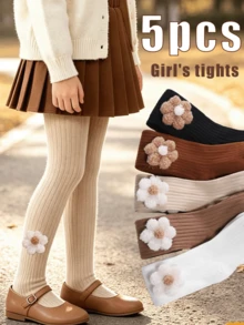 5 Pairs Girls' 3D Floral Ribbed Knit Tights, Soft Skin-Friendly Solid Color Leggings, High Elasticity Breathable Children's Footed Tights, Spring/Autumn Versatile Princess Dress All-Match Underwear - Multicolor - View 1