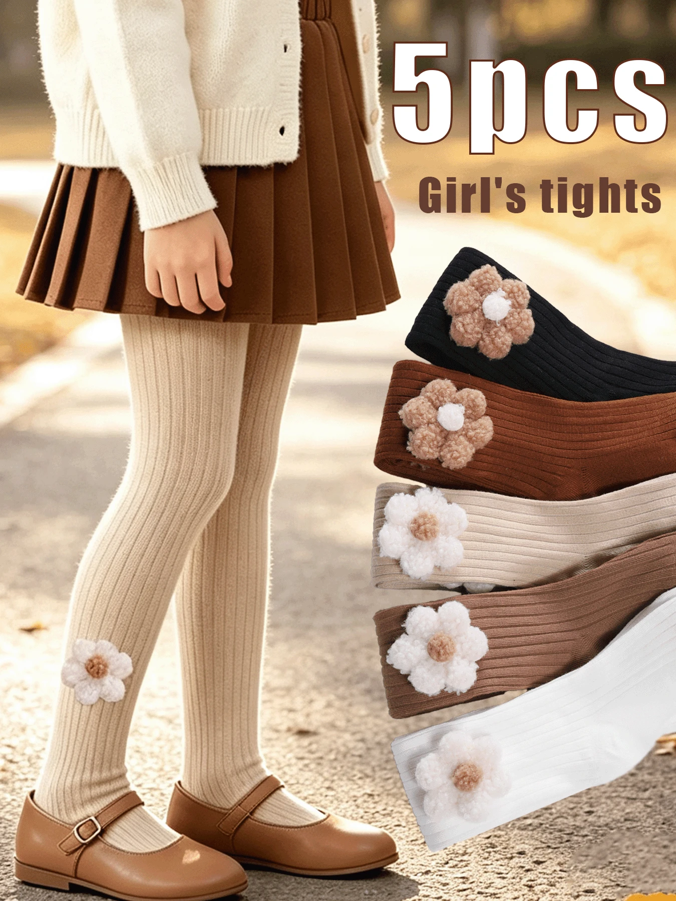 5 Pairs Girls' 3D Floral Ribbed Knit Tights, Soft Skin-Friendly Solid Color Leggings, High Elasticity Breathable Children's Footed Tights, Spring/Autumn Versatile Princess Dress All-Match Underwear - Multicolor - View 1