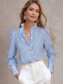 Elegant Women's Striped Color Block Front Button Blouse, Suitable For Daily Office Wear All Seasons - Multicolor - View 8