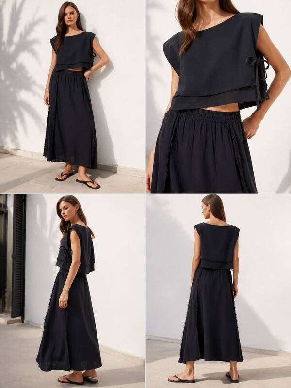 Damen 2-teiliges Rockset, ärmelloses Crop Top mit Lagen- und Bindedetail und Maxirock mit elastischem Bund, passendes Sommer-Co-Ord-Outfit