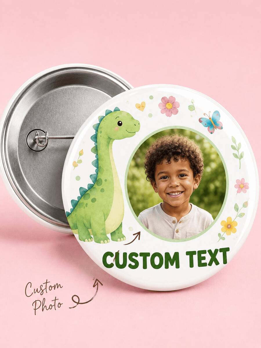 1pc Custom Photo Dinosaur Badge, Personalized Round Pin Button With Custom Text, Cute Cartoon Brooch For Kids Backpack, Jacket Or Tote Bag, Photo Badg - Multicolor - View 1