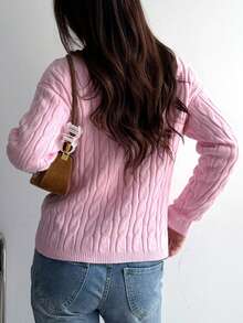Women's Solid Color Ribbed Cable Knit Sweater For Daily Wear In Spring And Autumn - Pink - View 3