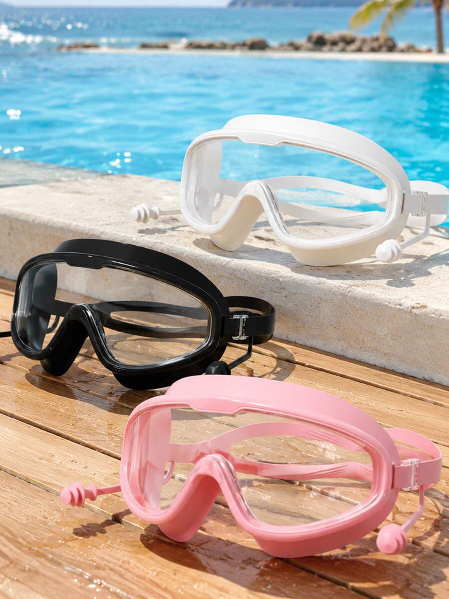 1 Pair Anti-Fog Hd Large Wide Frame Swimming Goggles With Silicone Earplugs, Waterproof Uv Protection Leakproof Swim Glasses, Soft Silicone Seal Adjustable Strap, Unisex Adult Men Women For Pool Open Water Diving - Multicolor - View 1
