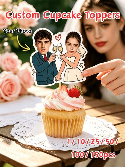 1/10/25/50/100/150 piezas Adornos de pastel personalizados con foto de novia & novio, adornos de pastel con foto personalizados para boda, despedida de soltera, fiesta de compromiso, adornos de pastel de papel desechables, decoración de fiesta de boda, decoración romántica de mesa de postres de boda, regalo para novia & novio