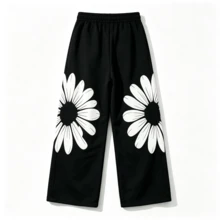 All-Over White Daisy Floral Print Drawstring Elastic Waist Wide Leg Sweatpants, Loose Comfortable Casual Streetwear Long Pants - Black - View 4