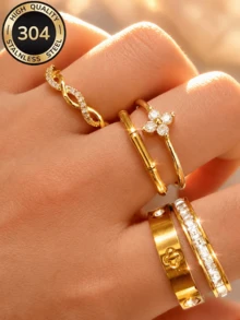 Znice 304 Stainless Steel + Copper 18K Gold Plated Stackable Ring Set, Women's Style, Rhinestone Lucky Four-Leaf Clover, Full Rhinestone And Enamel, Luxury Sparkling Personalized Rings, Hypoallergenic Minimalist Jewelry, Perfect Mother's Day Gift, Summer Vacation Accessory - Gold - View 3