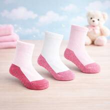 Meia Pimpolho Antiderrapante Para Bebê Tamanho 16-20, Kit com 3 Pares de Meias Infantis Lisa Base Escura, Algodão e Elastano, Antiderrapante, Casual, 06 a 12 Meses - Rosa Bebê - Visão 1