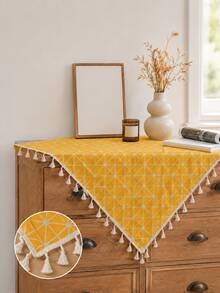Bubaba Yellow Geometric Pattern Tablecloth With Tassel Decoration - Cotton Polyester Blend Bohemian Style Tablecloth, Suitable For Kitchen, Dining Room And Home Decor - Yellow - View 1