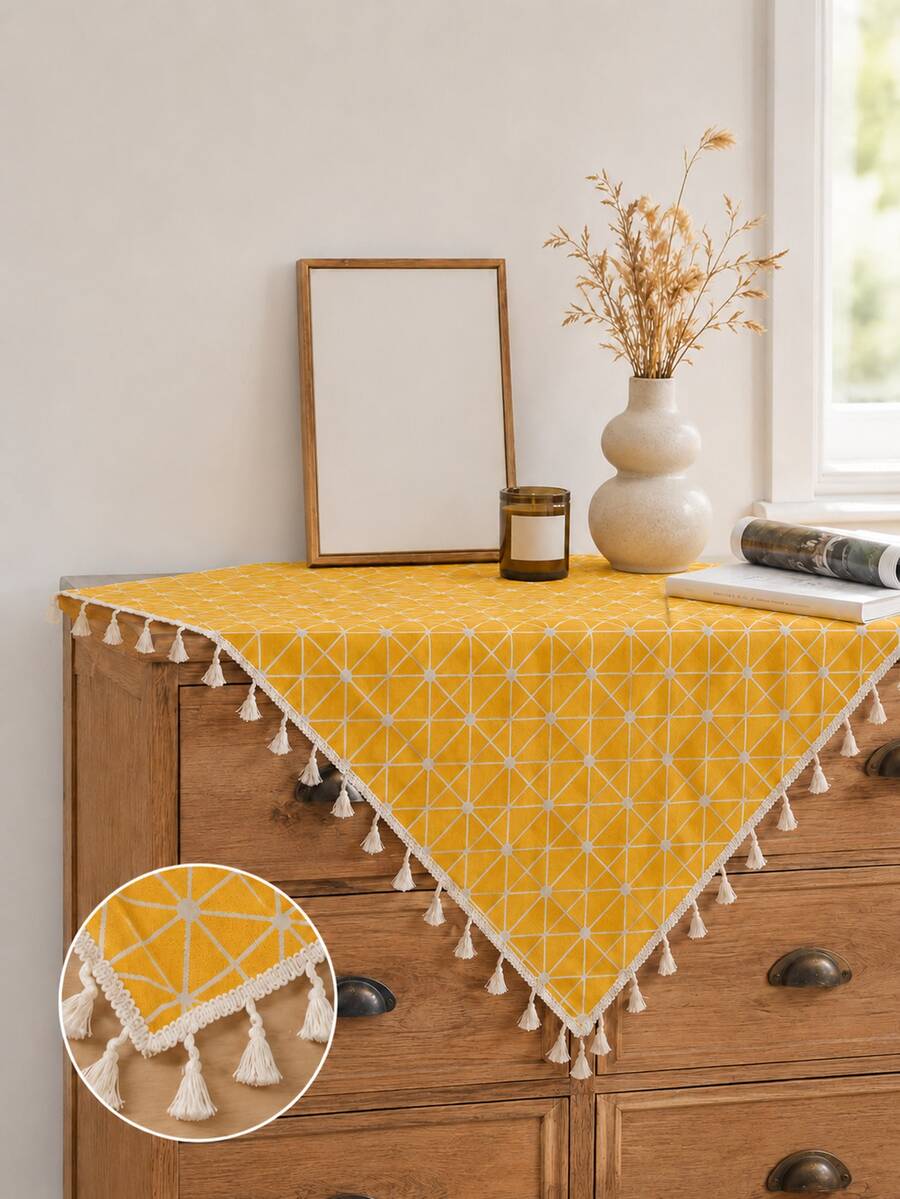 Bubaba Yellow Geometric Pattern Tablecloth With Tassel Decoration - Cotton Polyester Blend Bohemian Style Tablecloth, Suitable For Kitchen, Dining Room And Home Decor - Yellow - View 1