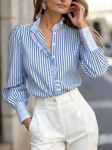 Elegant Women's Striped Color Block Front Button Blouse, Suitable For Daily Office Wear All Seasons - Multicolor - View 4