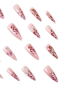 24pcs Y2K Style Long Pointed Press-On Nail Set, Sweet Pink Glitter Gradient Fake Nails, Vintage Coffee Leopard Print Design, Decorated With Silver Metal Star Charms, Chains, Elegant Pearls And Sparkling Rhinestones, Reusable, Suitable For Halloween Party - Pink - View 2