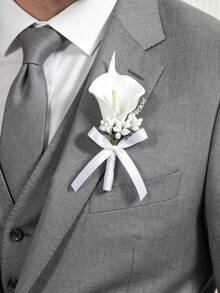 1pc Elegant White Calla Lily & Pearl Bridal Bouquet, Wedding Floral Decor Bouquet With Bow Accent, Mother's Day Gift, Photo Prop, Suitable For Bride, Bridesmaid, Mother's Day, Party Wreath - White - View 10