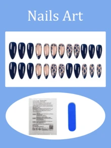 24pcs Medium Almond Shaped Press-On Nails, Deep Blue French Tip With Leopard Print And Gold Line Accents, Glossy Full Coverage Fake Nails For Women And Girls, Daily Wear, Includes 1pc Jelly Glue And 1pc Nail File - Multicolor - View 2