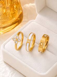 304 Stainless Steel 18K Gold Plated Stackable Ring Set, 3-Piece Gold Ring Set, Women's Style Design, Hypoallergenic Minimalist Jewelry, Perfect Mother's Day Gift, Summer Vacation Accessory - Star - View 20