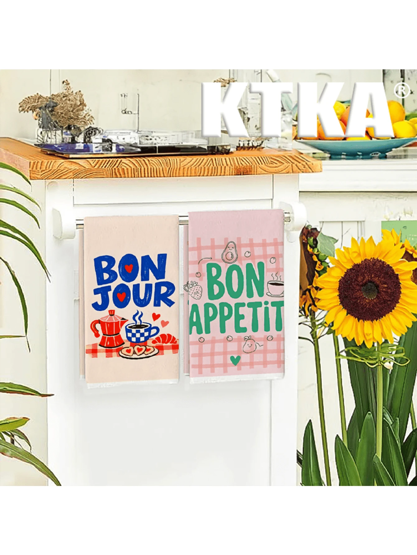 2件組 Bon Jour Bon Appetit 法文語錄廚房抹布，咖啡、可頌、酪梨、水果印花鄉村風抹布，廚房裝飾禮品