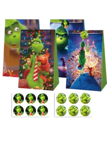 The Grinch 24Pcs/Set Storage Bags, -Themed Christmas Party Supplies Set(12 Gift Bags + 12 Stickers), Gift Wrapping Accessories, Party Gift Bags, Reusable Paper Storage Bags, Suitable For Birthday Gifts And Holiday Halloween Gifts. - Multicolor - View 1