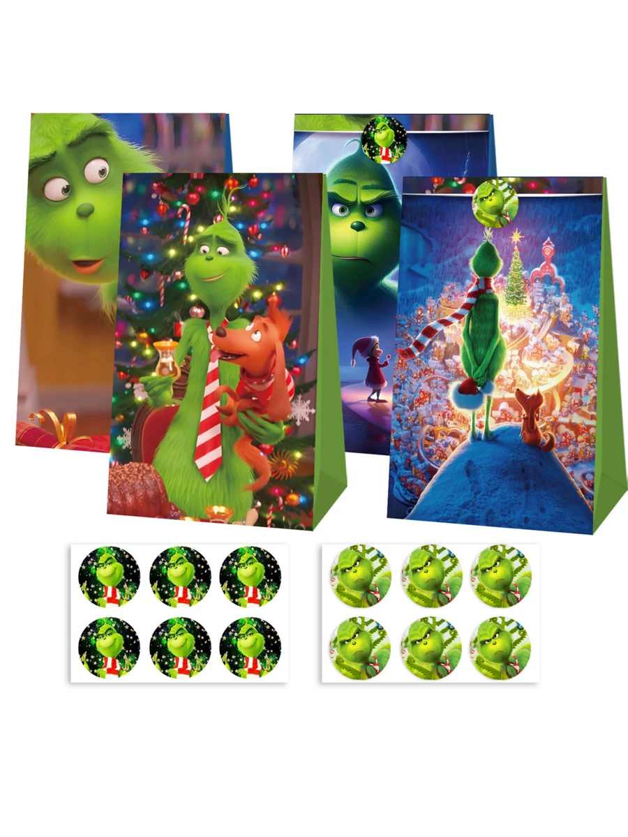 The Grinch 24Pcs/Set Storage Bags, -Themed Christmas Party Supplies Set(12 Gift Bags + 12 Stickers), Gift Wrapping Accessories, Party Gift Bags, Reusable Paper Storage Bags, Suitable For Birthday Gifts And Holiday Halloween Gifts. - Multicolor - View 1