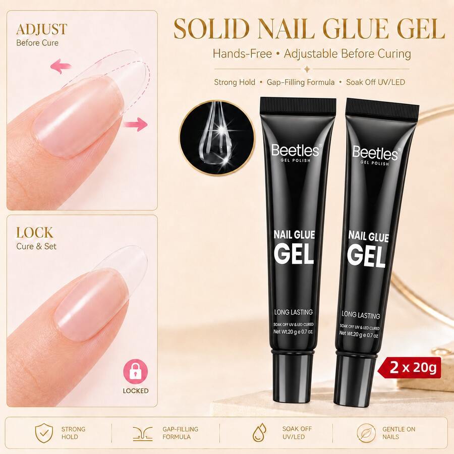 Beetles 2Pcs*20g Tipex Solid Nail Glue Gel, Soft Gel Tips Glue For Nail Extensions, Clear UV Nail Adhesive For Press On & False Nails, UV LED Lamp Required - 2Pcs*20g Tipex Soft Gel Nail Tips Glue - 查看 1