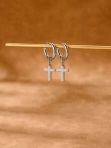 1pair Stainless Steel Cross Hoop Earrings For Women Men Minimalist Huggie Earrings Gold Color Dangle Drop Earrings Punk Gothic Jewelry - Cross - View 6