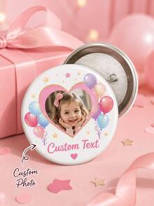 1 pieza Insignia redonda personalizada con foto y texto, botón de cumpleaños personalizado con marco de corazón, globos y estrellas, alfiler de metal para bolsos, mochilas, ropa - Multicolor - Ver 1