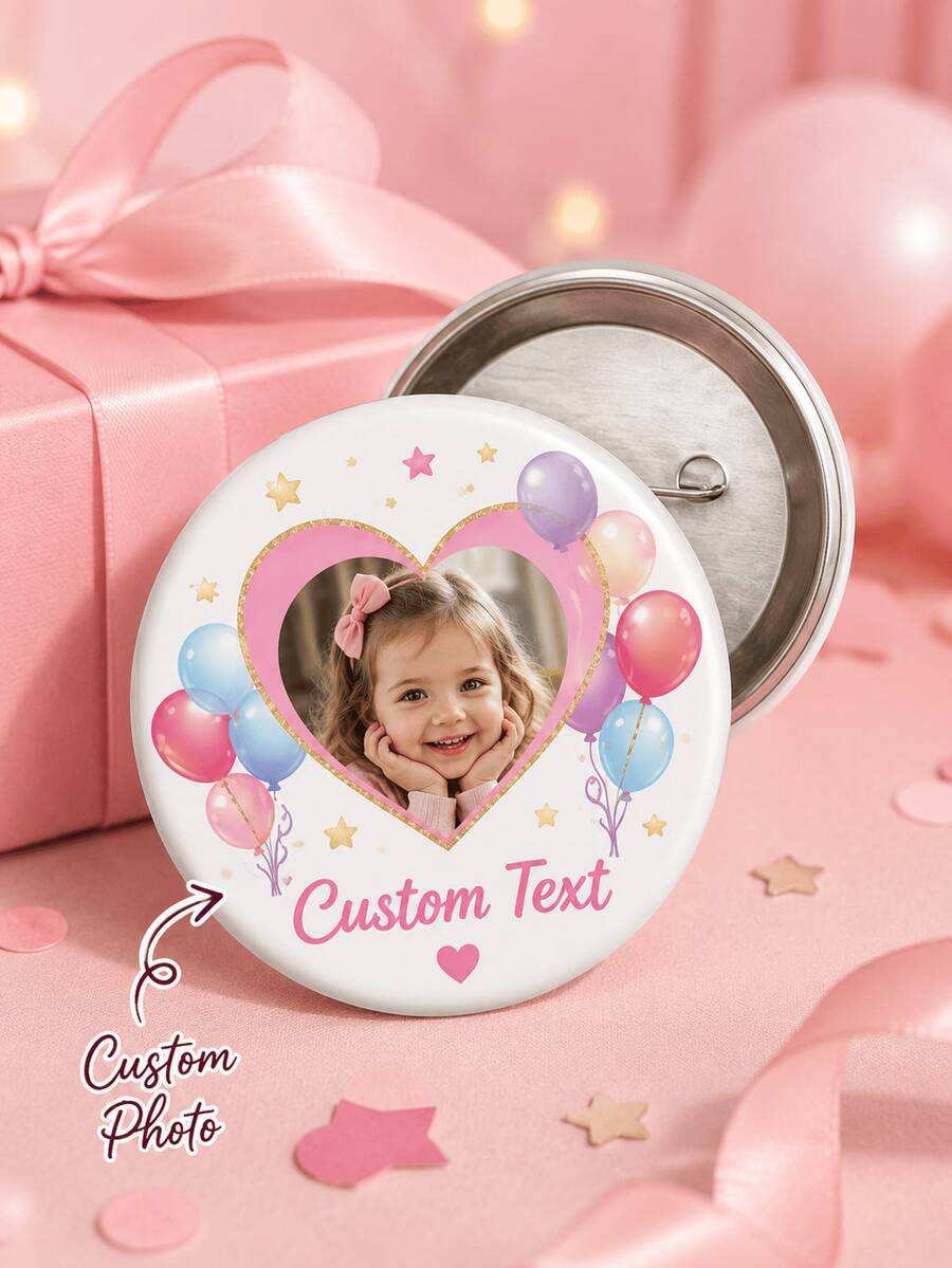 1 pieza Insignia redonda personalizada con foto y texto, botón de cumpleaños personalizado con marco de corazón, globos y estrellas, alfiler de metal para bolsos, mochilas, ropa - Multicolor - Ver 1