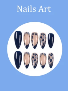 24pcs Medium Almond Shaped Press-On Nails, Deep Blue French Tip With Leopard Print And Gold Line Accents, Glossy Full Coverage Fake Nails For Women And Girls, Daily Wear, Includes 1pc Jelly Glue And 1pc Nail File - Multicolor - View 3