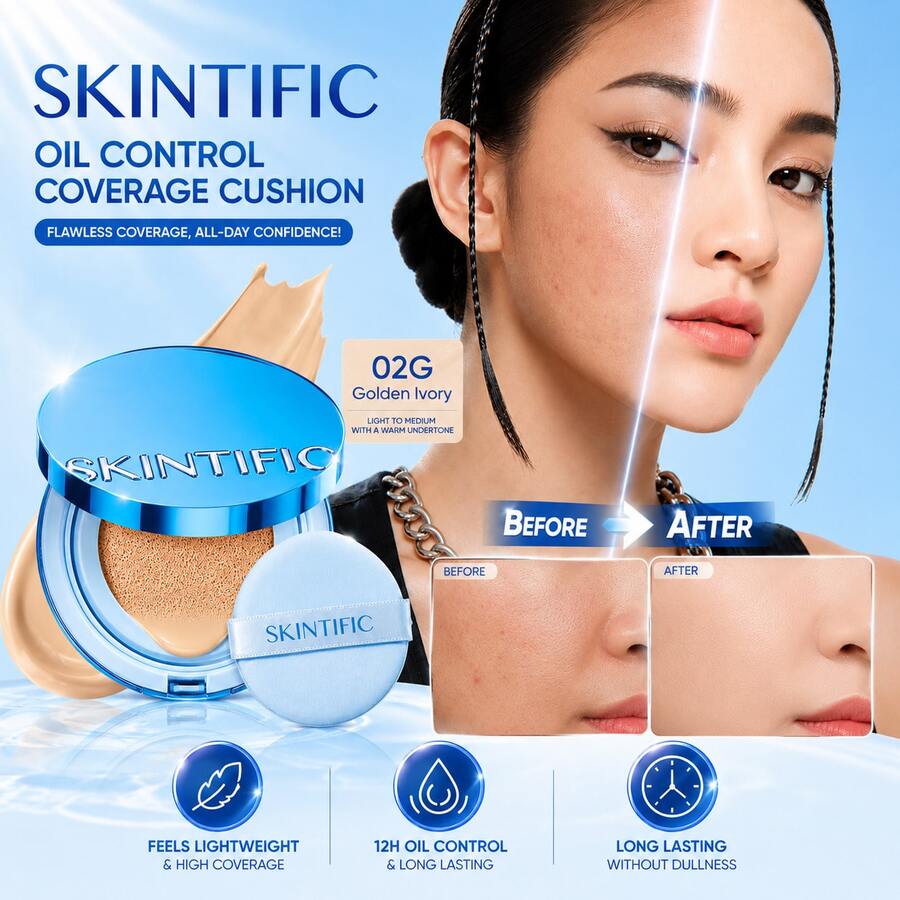 SKINTIFIC 絲絨霧面氣墊粉底液 藍色，全遮瑕，12小時控油，適合油性與混合性肌膚，防水，持久，輕盈，保濕，不沾染 | 02G 金色象牙色
