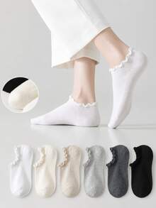 5 Pairs Women's Breathable Solid Color Ruffle Edge Invisible Socks, Campus Style, Suitable For Spring/Summer Daily Work Party Gift, Random Color - Multicolor - View 1