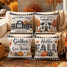 Autumn Black And White Plaid Pumpkin Truck Cabin Cushion Cover 4pcs Set, Single-Sided Printed Peach Skin Velvet Polyester Material, 45*45CM/18*18inch Pillowcase Suitable For Room Decoration, Modern Minimalist Sofa Living Room Decor, Gift Giving, Party Decoration - Multicolor - View 6