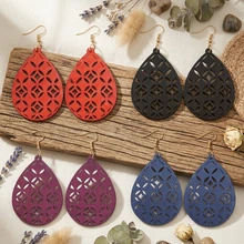 4 Pairs/Set, Multi-Color Geometric Hollow Wooden Water Drop Laser Engraved Women's Earrings - Gold Hoop Earrings - View 6