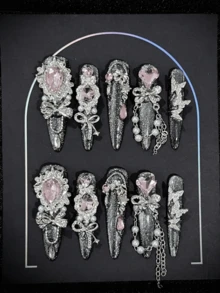 10pcs Black Cat Eye Long European & American Heavy Work Pink Heart Rhinestone Pearl Bow Full Rhinestone Star Handmade Press-On False Nails, Daily Party Slim Long Pointed Removable Wearable Nails, Suitable For Girls With Storage Box As Gift - 銀色 - 查看 2