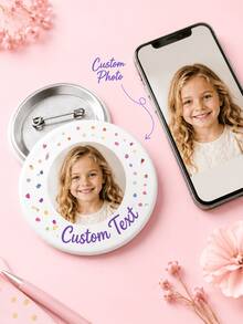 1pc Custom Photo Confetti Button Badge, Personalized Round Pin With Picture And Custom Text, Cute Colorful Dot Design, Glossy Tinplate Brooch For Kids - Multicolor - View 2