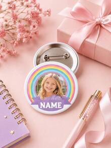 1 pieza Insignia de foto arcoíris personalizada, broche de botón redondo con nombre personalizado para niños, pin de foto lindo con respaldo de metal, regalo de retrato personalizado para la escuela, - Multicolor - Ver 4