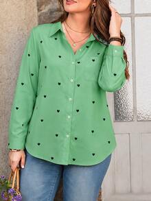 Plus Size Women's Casual Minimalist Heart Print Long Sleeve Button-Up Shirt, Suitable For Autumn Daily Wear And Commute Outfit - Green - View 5