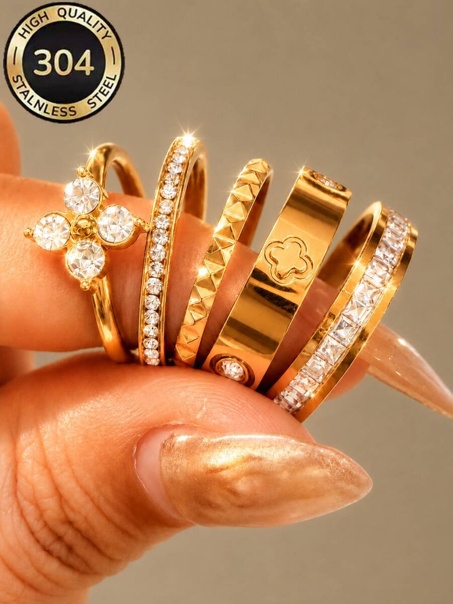 ZCNC Znice 304 Stainless Steel + Copper 18K Gold Plated Stackable Ring Set, Women's Style, Rhinestone Lucky Four-Leaf Clover Light Luxury Sparkling Personalized Ring, Hypoallergenic Minimalist Jewelry, Perfect Mother's Day Gift, Summer Vacation Accessory - Gold - View 1
