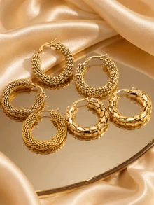 3 Pairs/Set Vintage Stainless Steel Gold-Plated Textured Woven Mesh Dragon Scale Pattern Thick Hoop Earrings Set, For Women's Daily Wear - Yellow Gold - View 7
