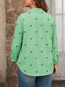 Plus Size Women's Casual Minimalist Heart Print Long Sleeve Button-Up Shirt, Suitable For Autumn Daily Wear And Commute Outfit - Green - View 2