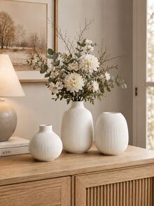 This Minimalist Cream White Vase With Nordic-Style Vertical Stripe Design Is An Excellent Decoration For Living Room, Dining Room Or Entryway. Perfect For Autumn/Winter Decor And Also Suitable As A Housewarming Gift. - A - View 6